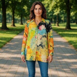 Citron Santa Monica Top Art to Wear Silk Button Up Blouse Floral Women's Medium